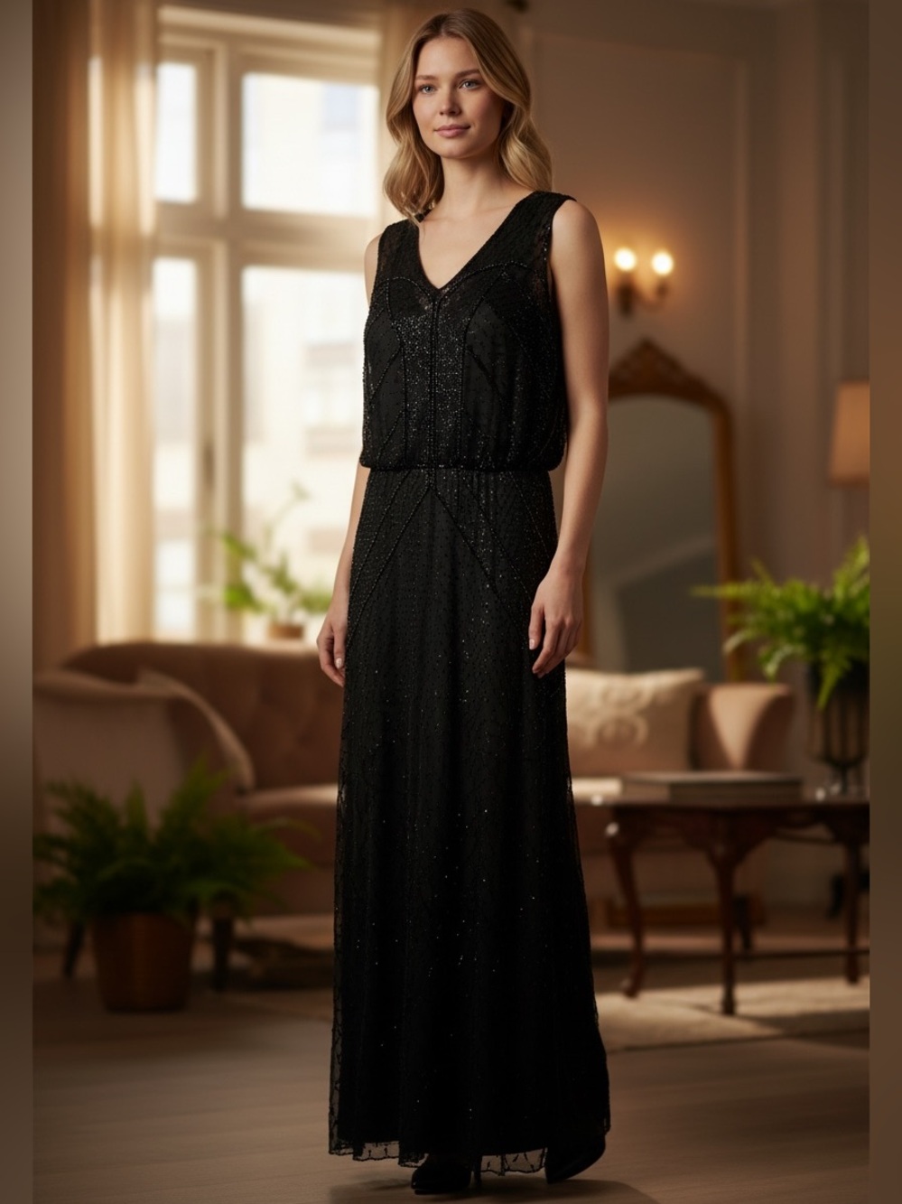 Aidan Mattox size 8 black beaded long maxi evening gown